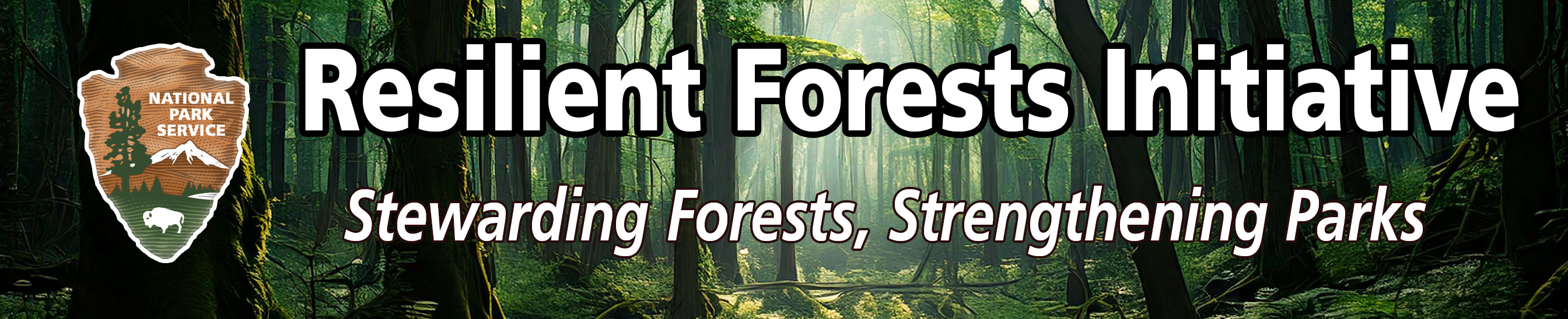 Banner image with NPS arrowhead and text, Resilient Forests Initiative: Stewarding Forests, Strengthening Parks