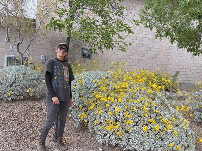 Smiling woman in gray t-shirt and pants stands next to a large desert shrub in full bloom of yellow flowers