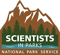 Scientists in Parks logo, shaped like a mountain with trees in front with text that reads "Scientists in Parks"