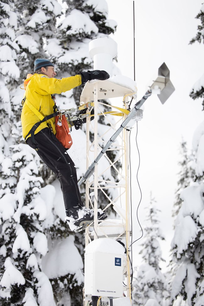 Man in yellow parka anchored to weather station scaffold in snowy forest