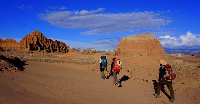 People hike through open red rock landscape with brilliant blue sky