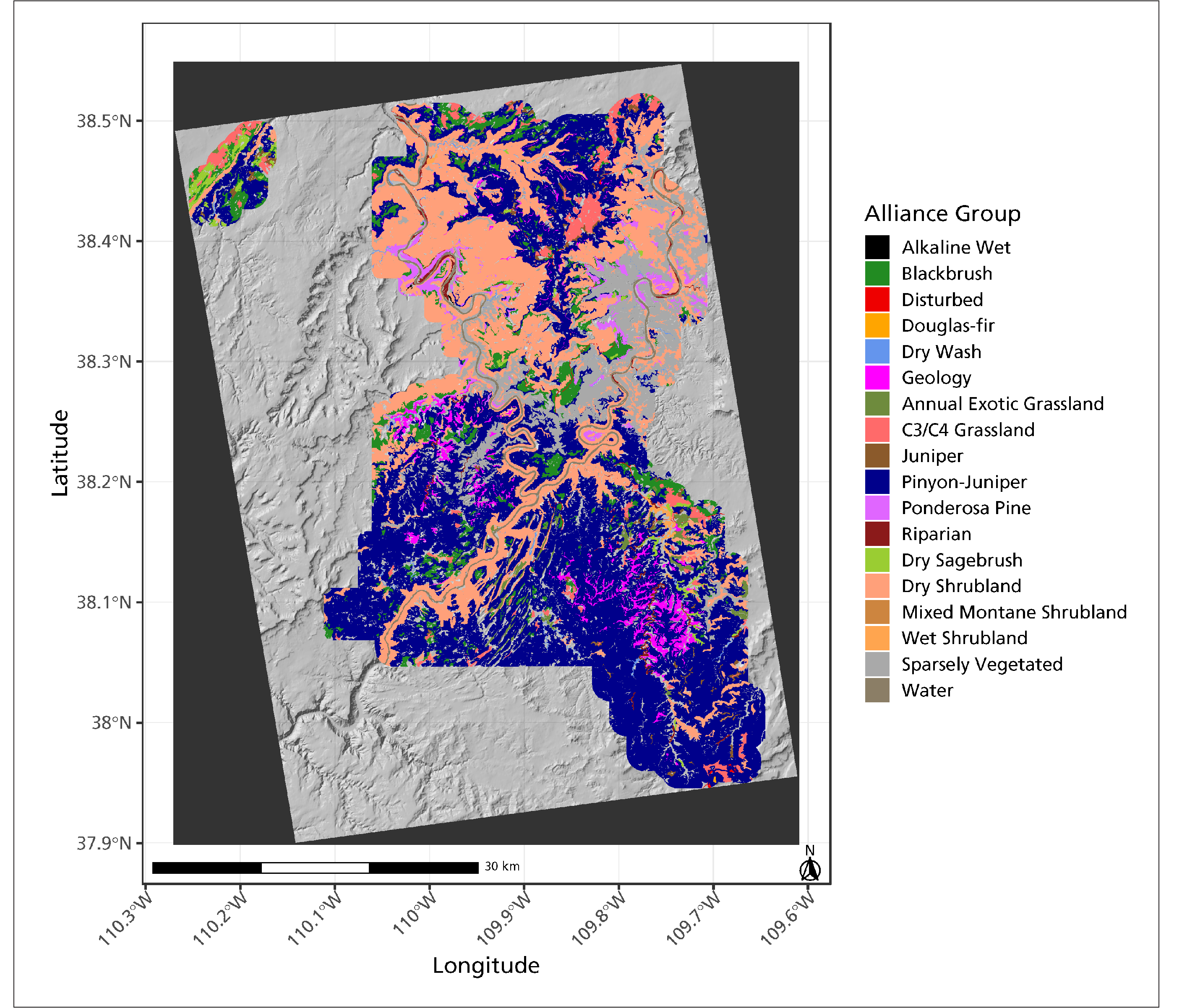 Map of Canyonlands NP, shaded with different colors indicating location of vegetation alliance groups