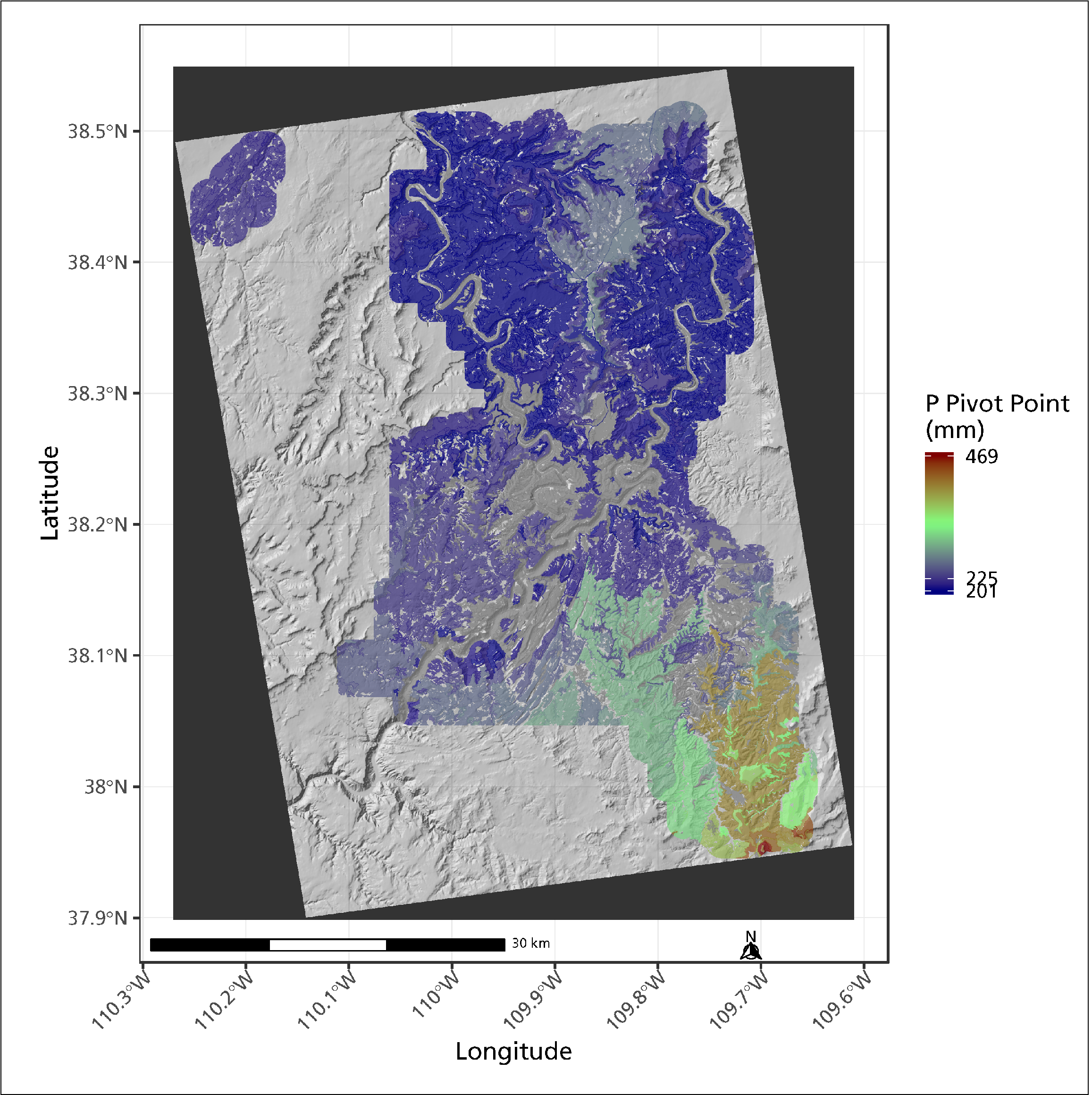 Map of Canyonlands NP, shaded with different colors indicating the precipitation pivot point, ranging from 201 to 469 mm.