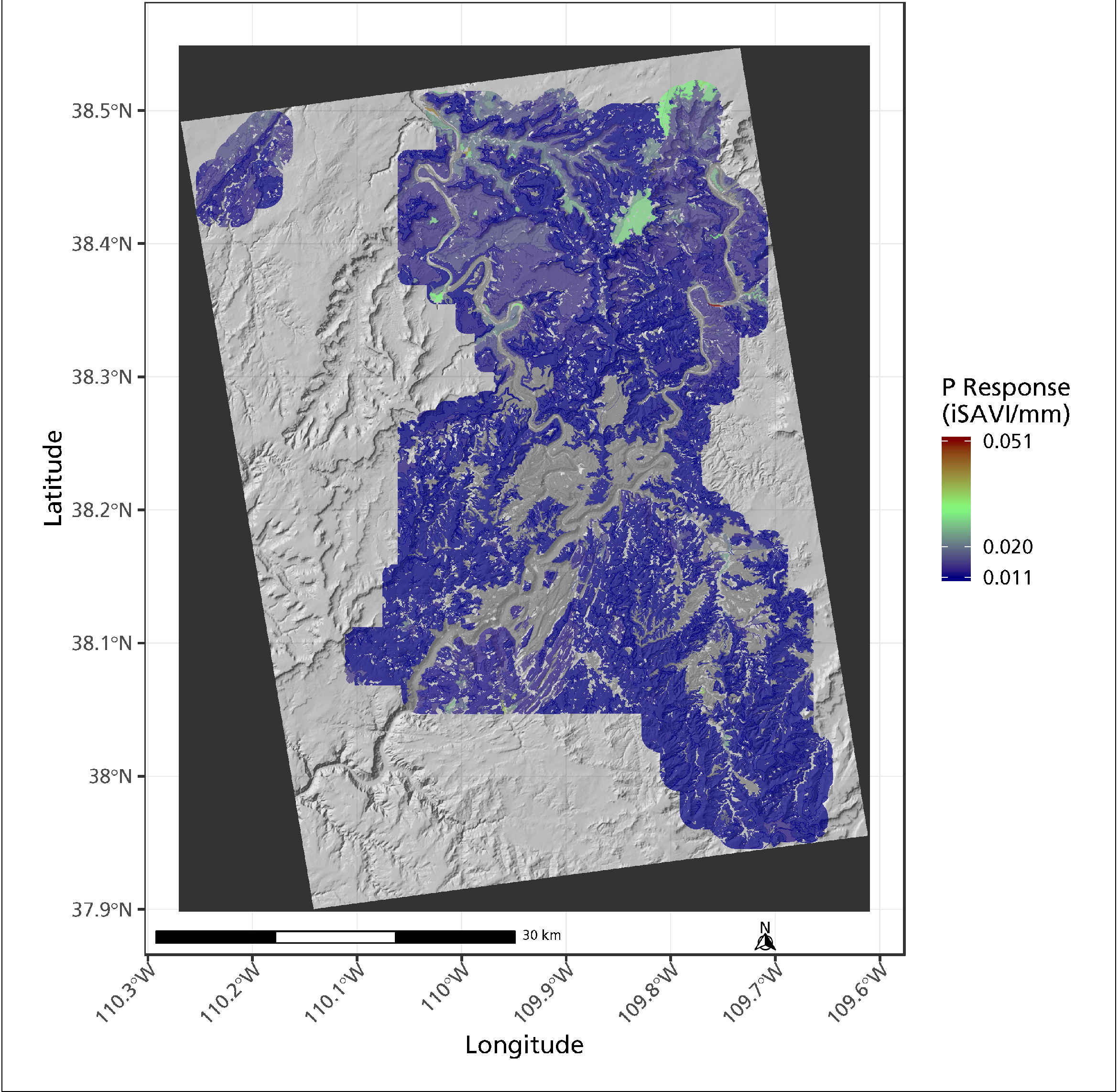 Map of Canyonlands NP, shaded with different colors indicating precipitation response (iSAVI/mm), ranging from 0.011 to 0.051.