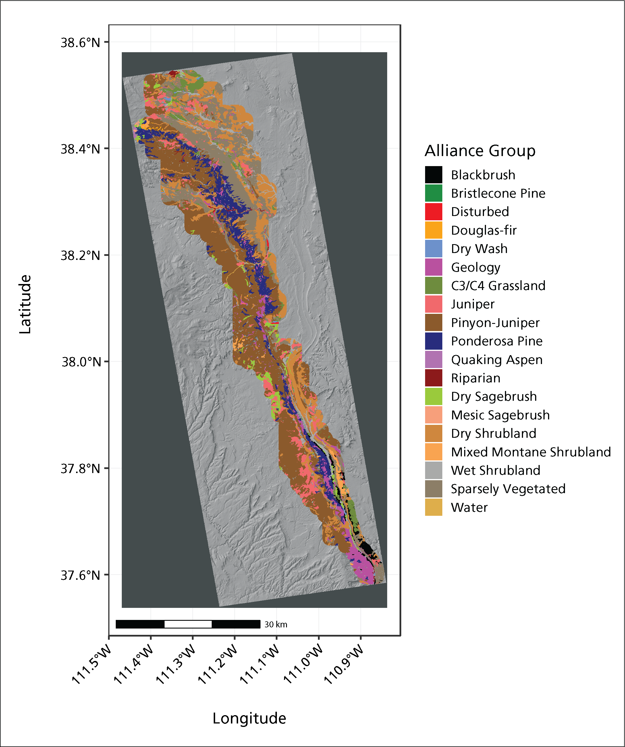 Map of Capitol Reef NP, shaded with different colors indicating location of vegetation alliance groups