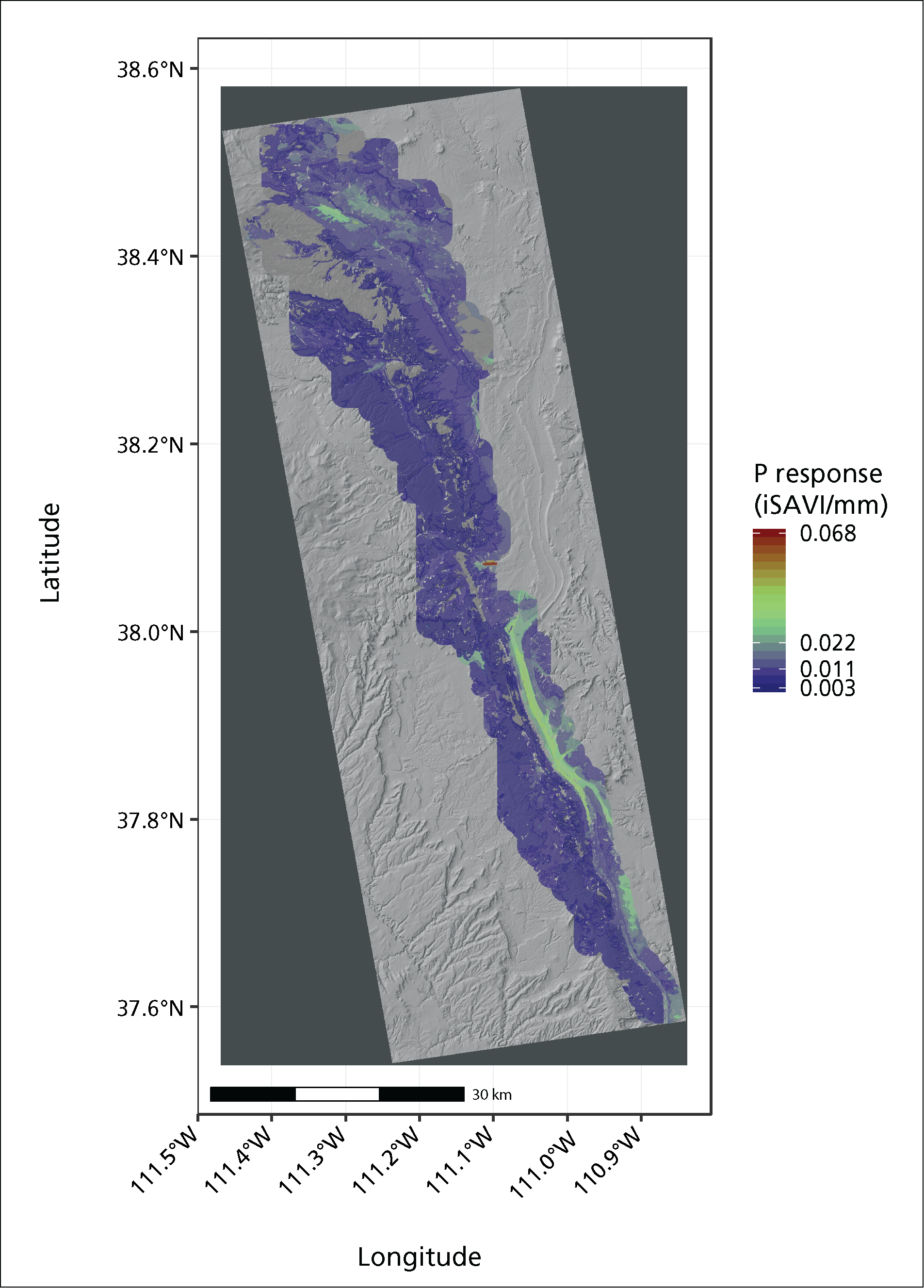 Map of Capitol Reef NP, shaded with different colors indicating precipitation response (iSAVI/mm), ranging from 0.003 to 0.68.