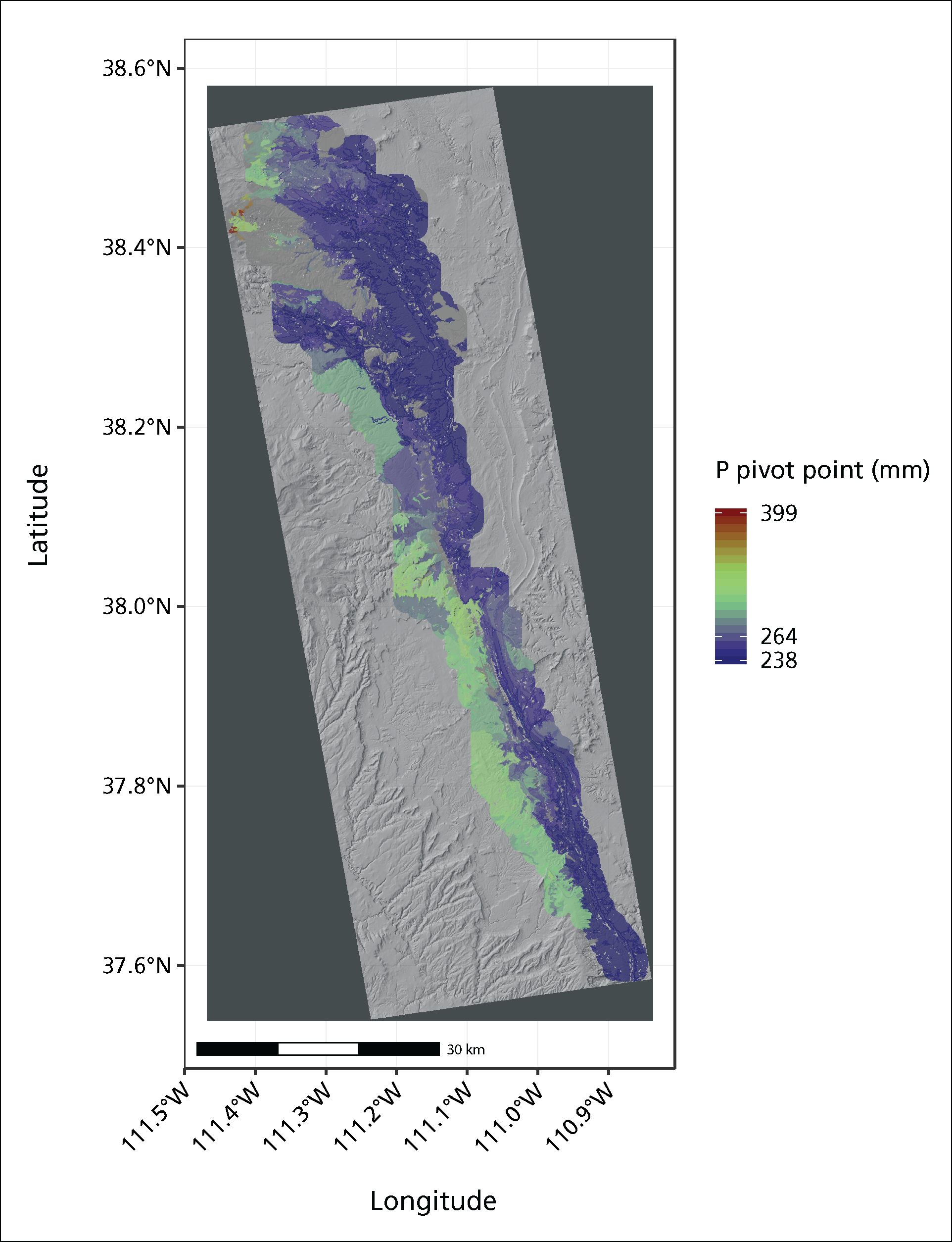 Map of Capitol Reef NP, shaded with different colors indicating precipitation response (iSAVI/mm), ranging from 0.003 to 0.68.