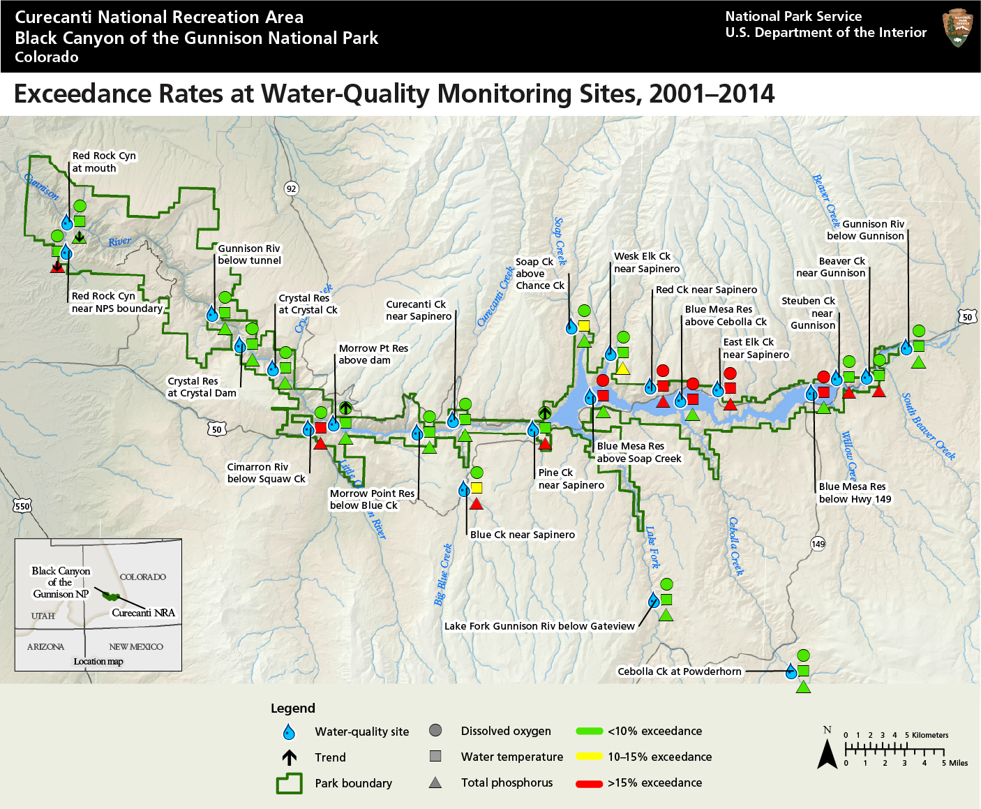 Map showing water quality monitoring sites and rates of exceedance for dissolved oxygen, water temperature, and total phosphorus.