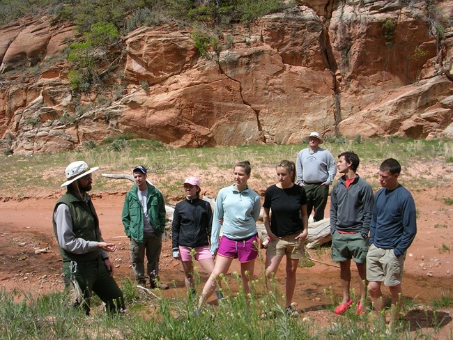 Ranger leads a group near cliffs at Cedar Breaks during a visitor engagement session
