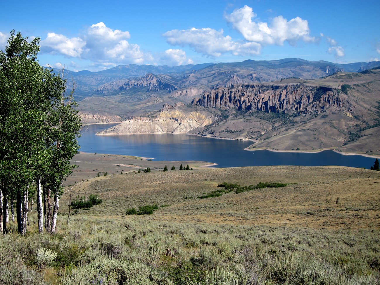 A view of the Curecanti reservoir, with shrublands on the nearshore, and steep mesas on the far shore. The reservoir is surrounded by shrubby brownish-green vegetation.