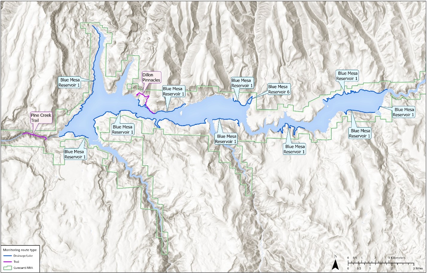 Map of invasive plant monitoring routes around Blue Mesa Reservoir in Curecanti National Recreation Area.