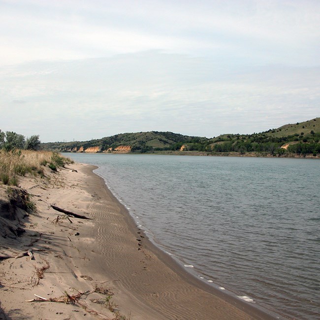 Wide view of a river with sandy banks and bushes in the foreground