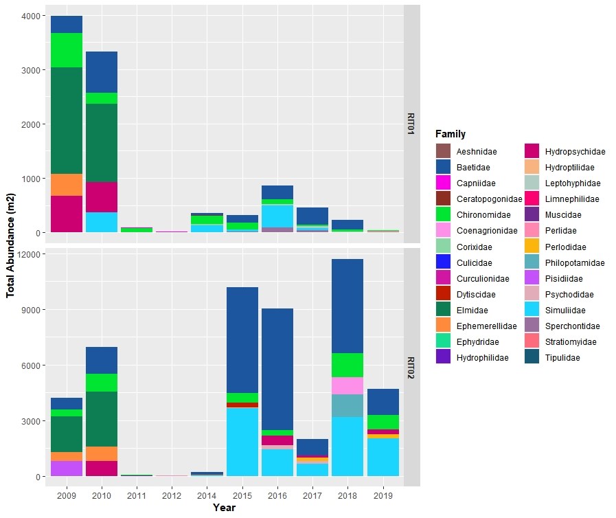 Two bar graphs representing the total abundance of macroinvertebrates seperated by family over time.