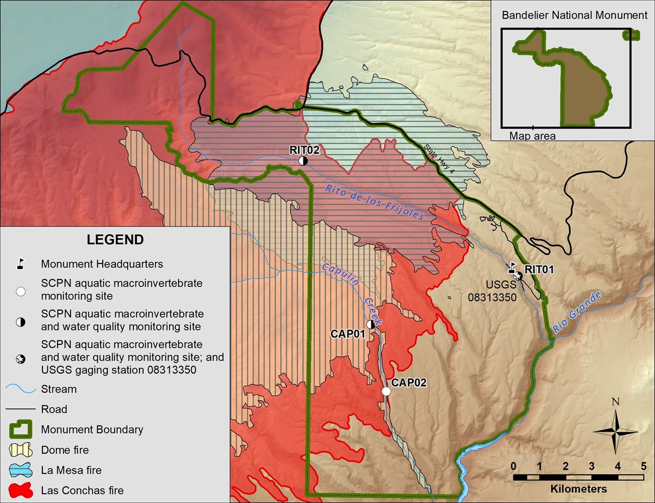 A map showing the boundary of Bandelier National Monument, as well as the areas where wildfires have occurred.