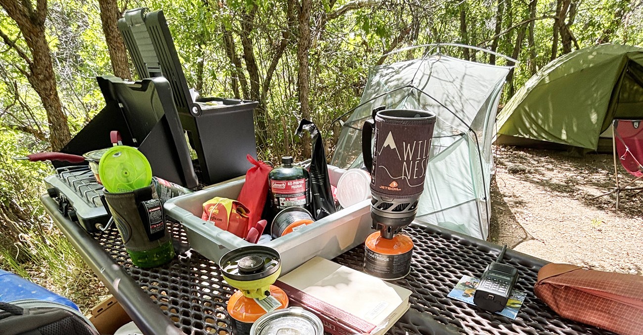 A table in the woods with a portable stove, kitchen equipment, and a book on it. Two tents are in the background.