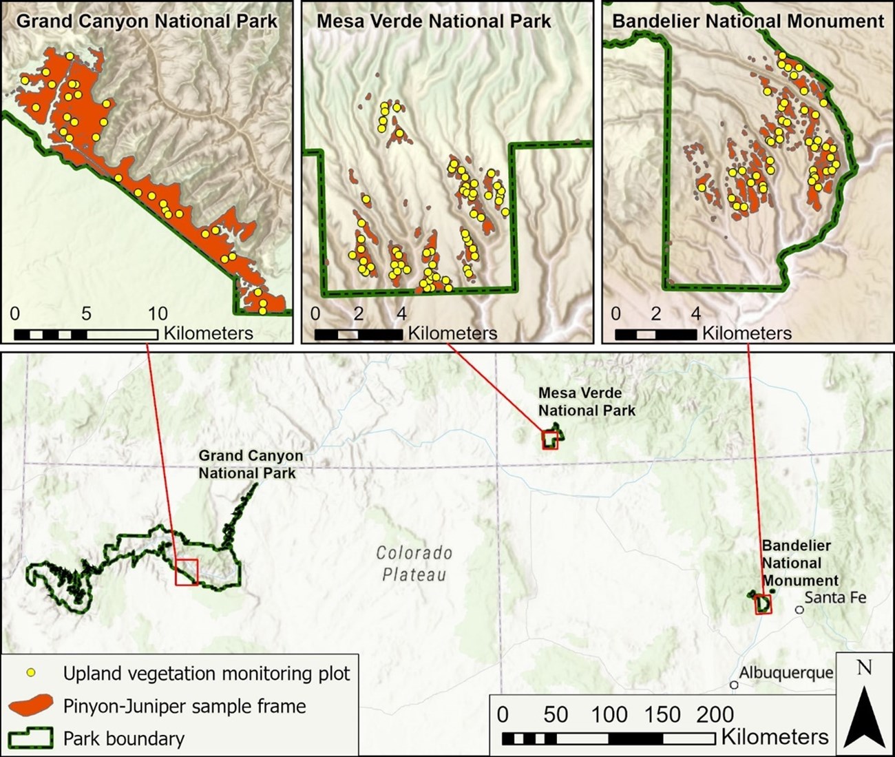 A large map depicting the boundaries and the distance between Bandelier National Monument, Grand Canyon National Park, and Mesa Verde National Park. Each park has a small callout map that shows the location of upland vegetation monitoring plots.