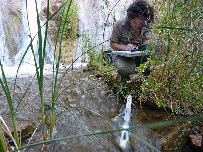 Woman squatting on a grassy bank next to a stream with a waterfall in the background. There is a long, white, cylindrical piece of equipment in the stream. The woman is writing on a clipboard.