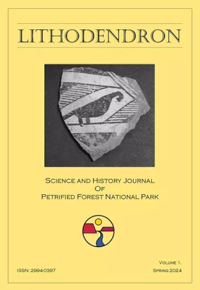 The cover of the science journal, that has a photograph of a piece of ancient white pottery, with black decorative line work. There is also a logo that is a blue river flowing through a red canyon with a yellow sun above.