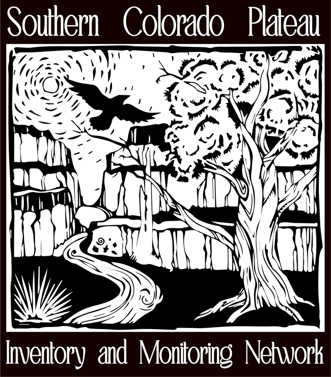 Southern Colorado Plateau Network logo, black and white drawing of a raven flying over a river running through a canyon. A large juniper and small yucca is on the river bank and petroglyphs are carved into the canyon wall.