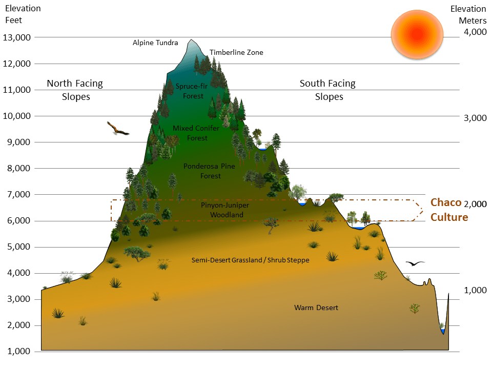 Graphic of a mountain divided into illustrated vegetation zones by elevation and exposure, with the elevations that correspond to Chaco Culture National Historical Park highlighted