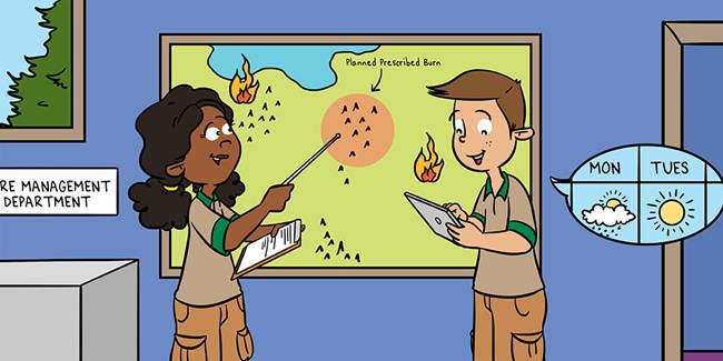 Two park fire managers hold clipboards and view a large map showing areas of planned prescribed burning and other wildland fires.