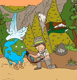 Park ranger takes the pulse and temperature of a smiling planet Earth.