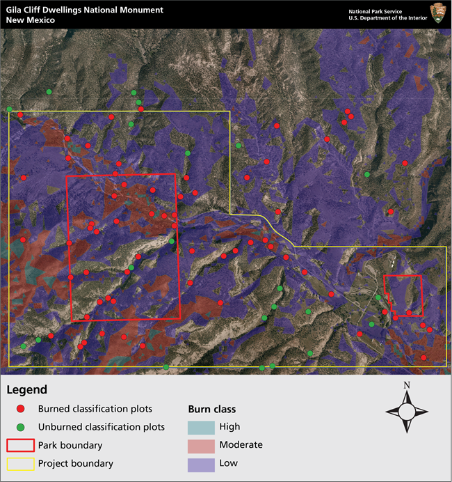 Topographic map of Gila Cliff Dwellings NM with red and blue shape outlines, with green and red dots and color fields