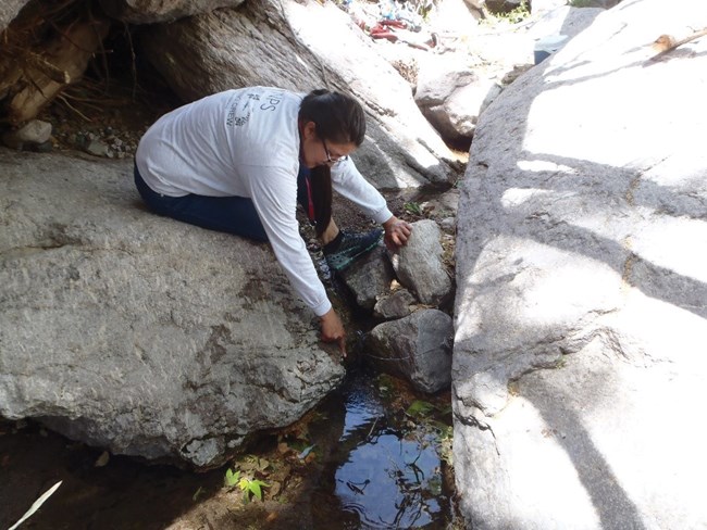 Woman points at small pool between two boulders