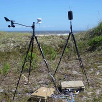 A weather station attached to a tripod stands on a grassy sand dune next to a microphone on a tripod. Ocean and blue sky are in the background.