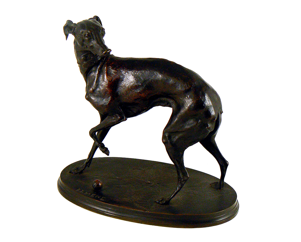 A bronze statuette of a greyhound by French sculptor Pierre-Jules Mêne.