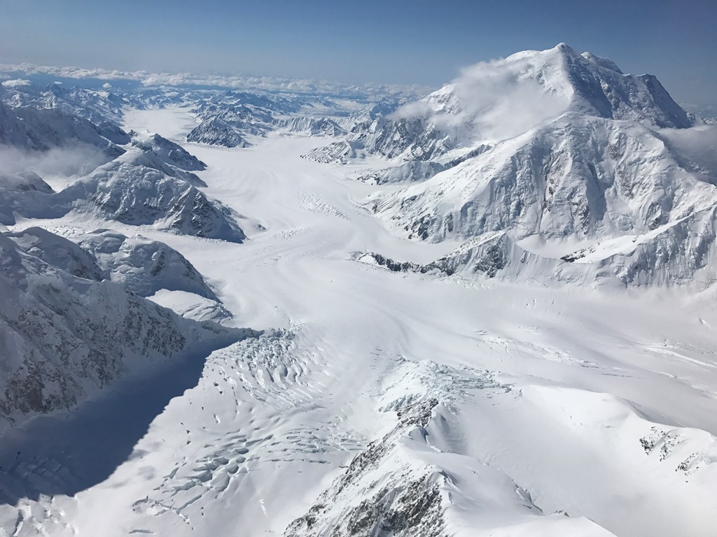 View of Kahiltna Glacier with Mt. Foraker and Mt. Crosson