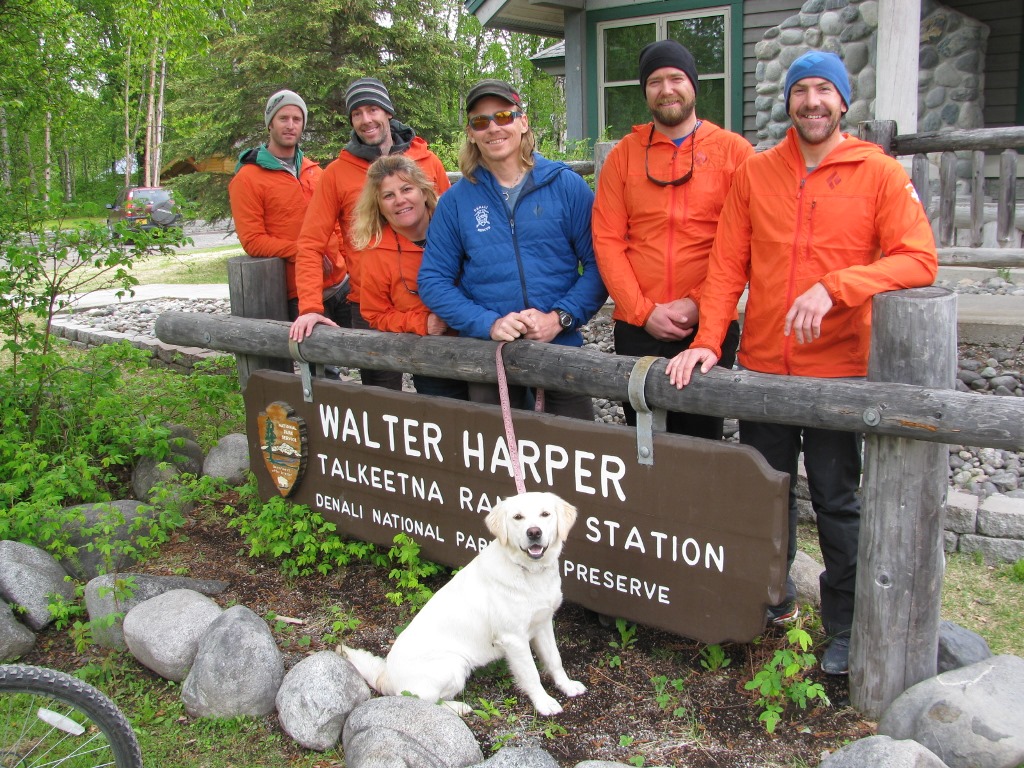 The six members of Patrol #4 pose in front of the Talkeetna Ranger Station