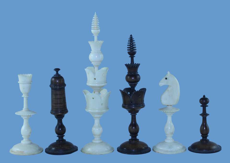 A Selenus style chess set probably dating to the early 19th century. A Selenus style chess set probably dating to the early 19th century.