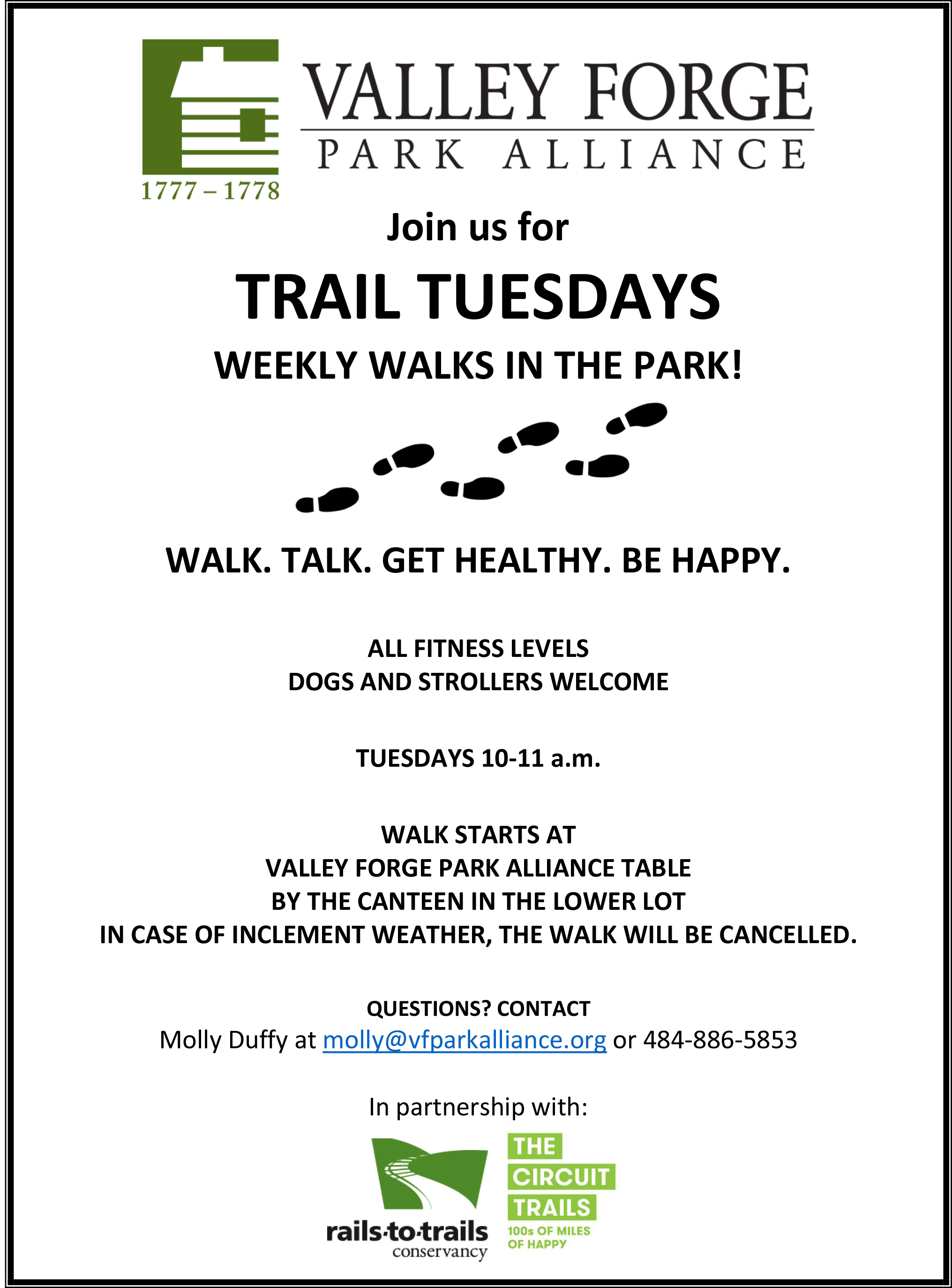 Flyer for Valley Forge Park Alliance Tuesday walks.