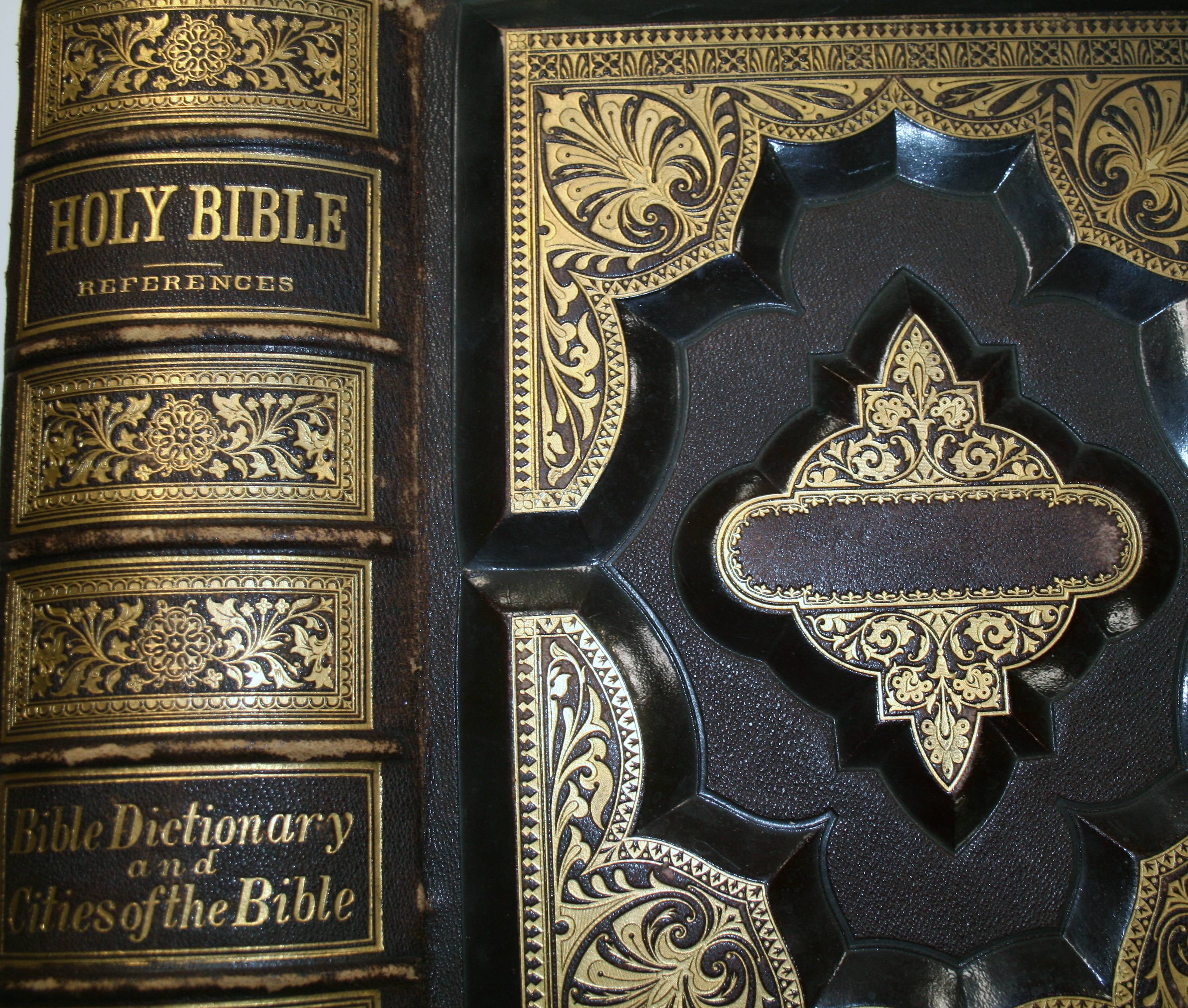richly bound leather Bible with gold tooling