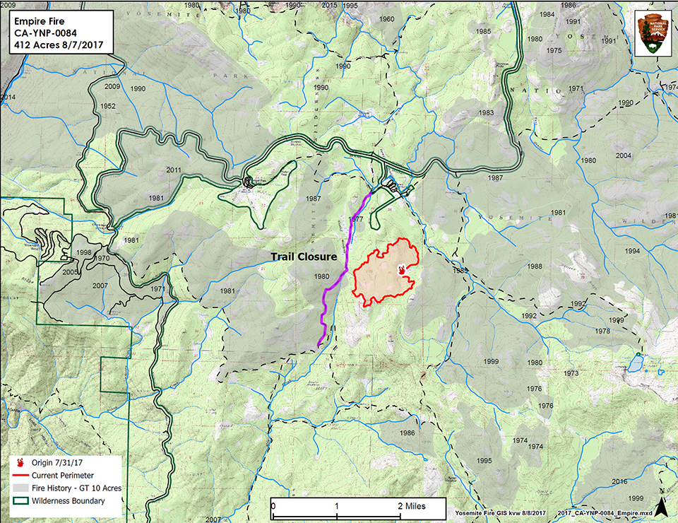 Map showing Empire Fire on 8.8.17 and shows trail closure