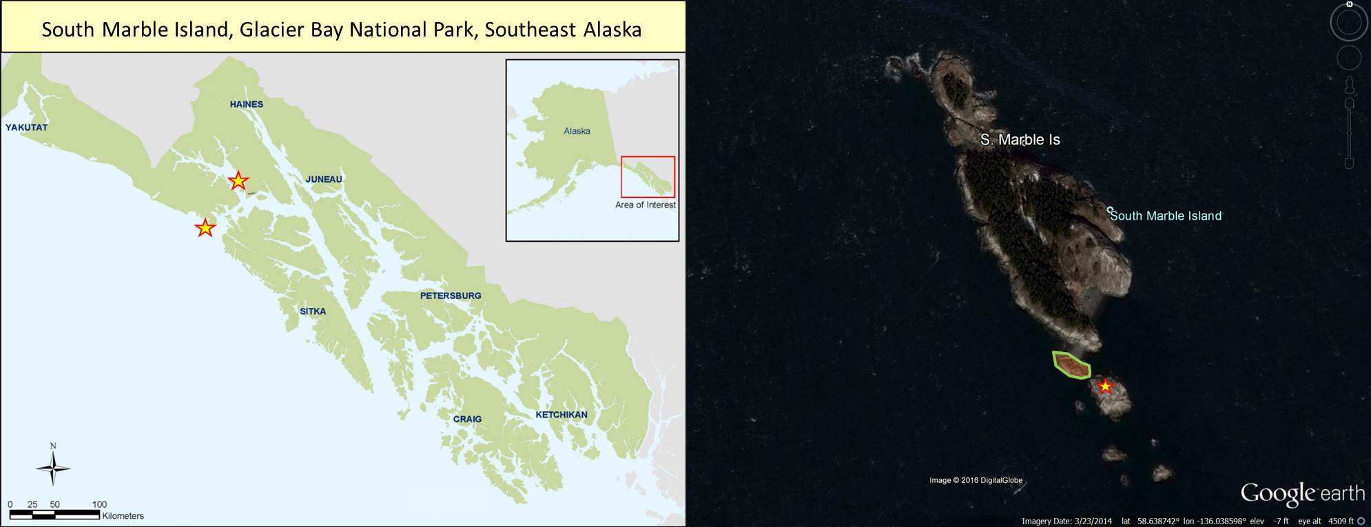 Map and image of sea lion haul outs in Glacier Bay