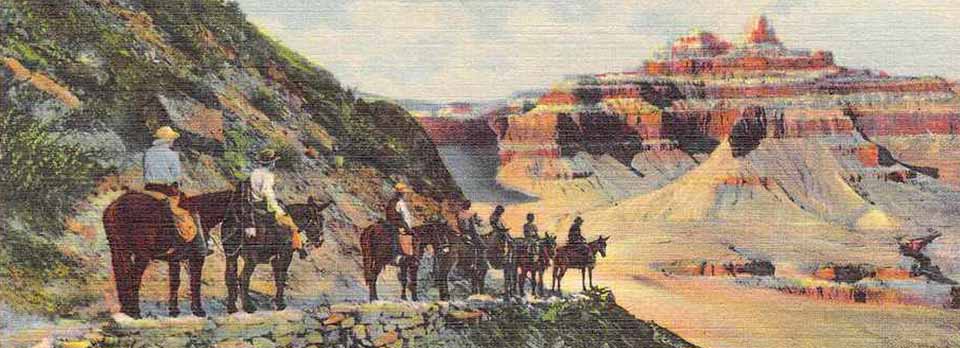 In the foreground on a ledge is a string of 8 mules with riders taking a break and looking out at a red-banded peak on the right and in the distance