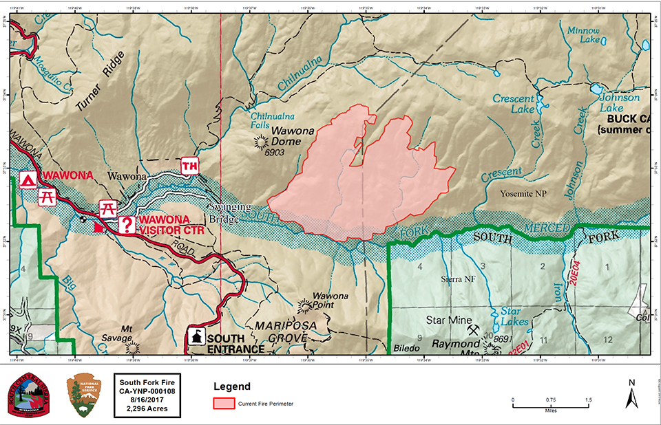 Map showing the South Fork Fire perimeter as of 8.16.17