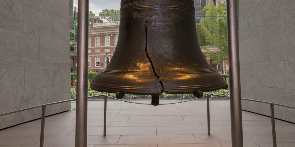 Color photo showing the Liberty Bell, from the shoulder down to the lip, with a focus on the crack.