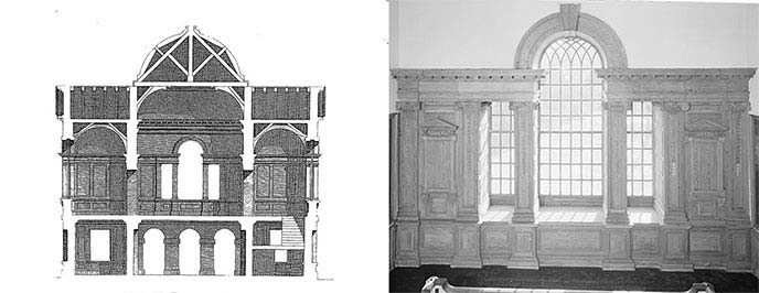 Illustration comparing Venetian window drawing in pattern book with photo of Venetian window in Independence Hall.