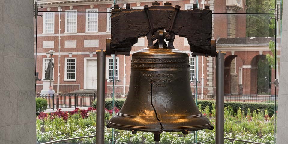 The Liberty Bell appears in the foreground with Independence Hall visible behind it.