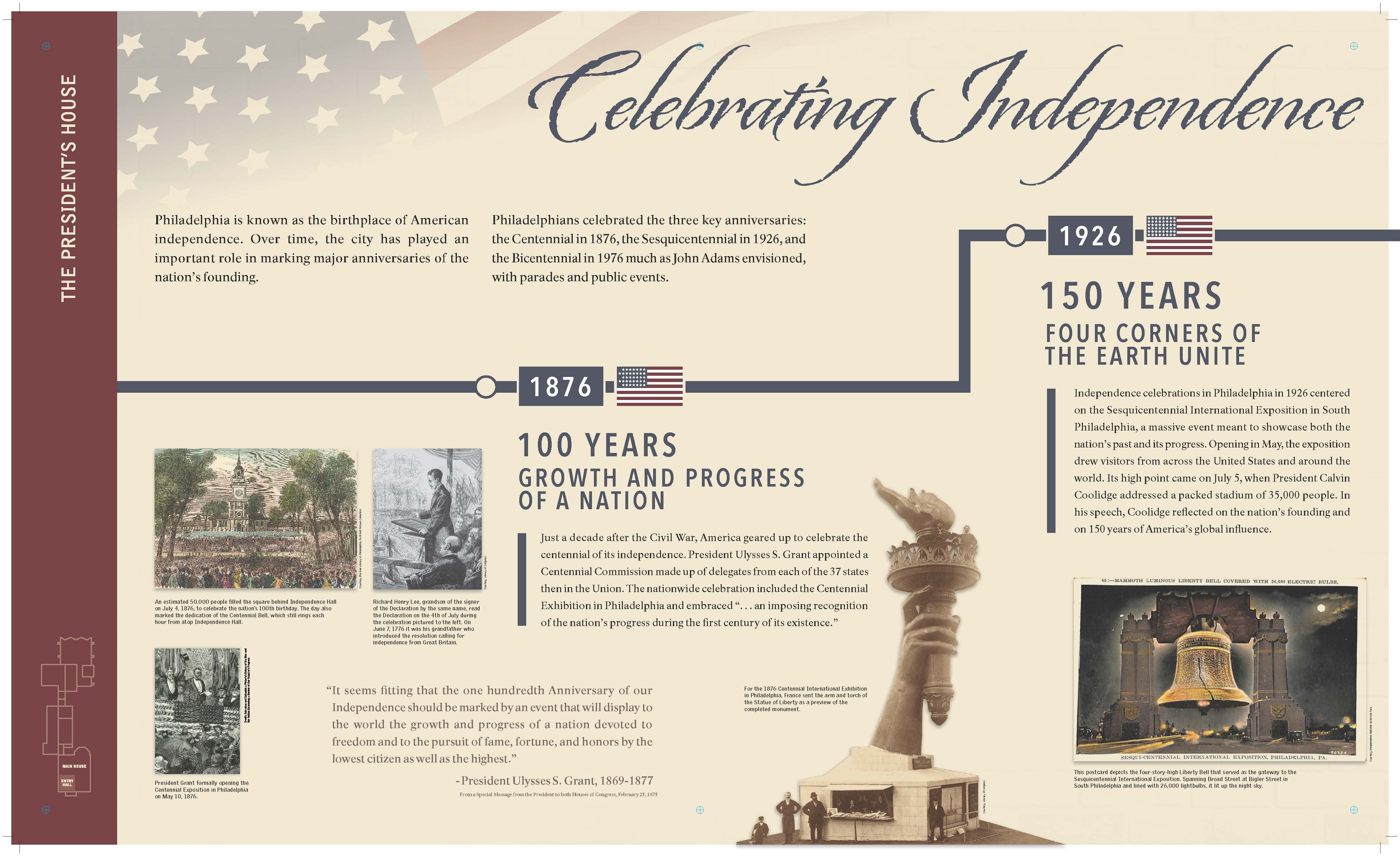 First half of exhibit panel titled Celebrating Independence Throughout the Years. See below for full panel text. First half of exhibit panel titled Celebrating Independence Throughout the Years. See below for full panel text.