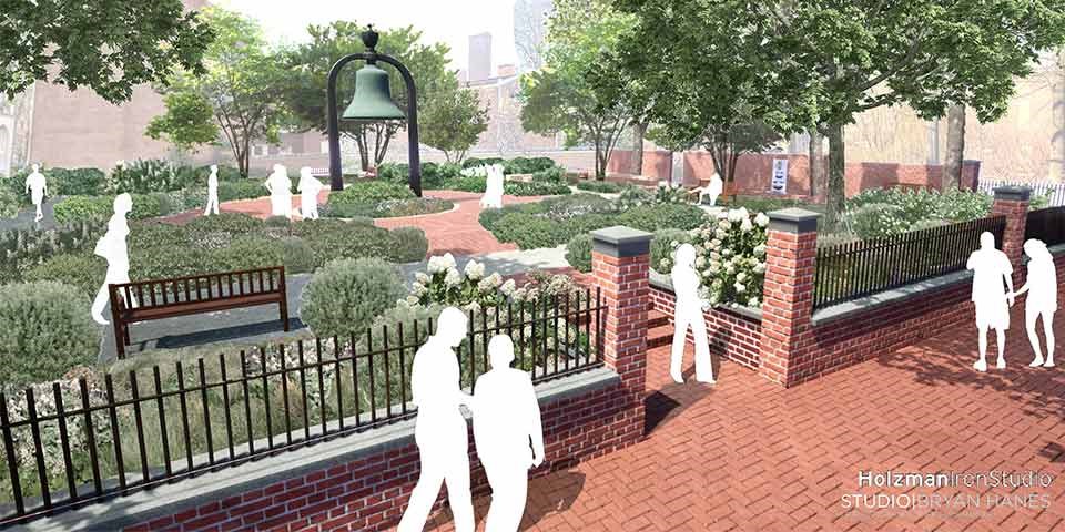 Artist's rendering of a renovated garden with the Bicentennial Bell looming large in the center.