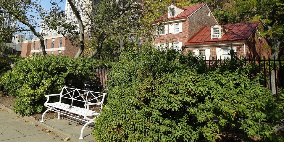 Color photo showing white bench surrounded by foliage with brick homes in the background.