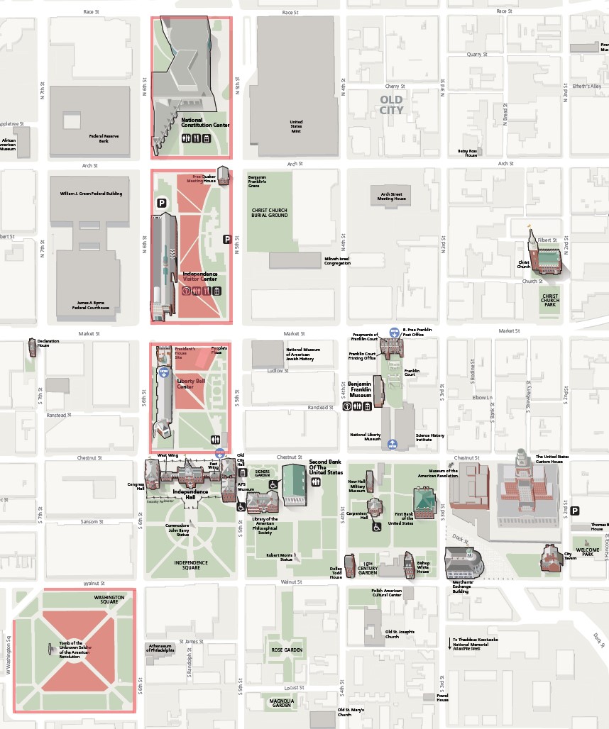 A map showing city blocks in grey. Independence NHP managed blocks are green. Red highlighted areas on the map indicate First Amendment areas. Labels indicate building names and symbols for facilities offered.