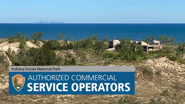The West Beach Bath House sits on the dunes. Beyond is the blue water of Lake Michigan.  Authorized Service Provides is written in a banner across the bottom left of the image.