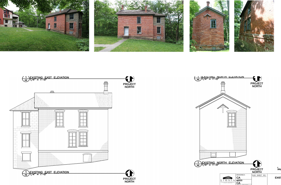 The brickhouse sits behind the Bailly main house. 2 line drawings show the East and North profile views of the 2-story brick house.  A series of 4 photos show various angles of the building as it sits on a manicured lawn next to the Bailly main house.