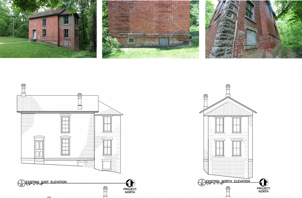 The brickhouse sits behind the Bailly main house.  2 line drawings show the East and North profile views of the 2-story brick house.  A series of 4 photos show various angles of the building as it sits on a manicured lawn, next to the Bailly mainhouse.