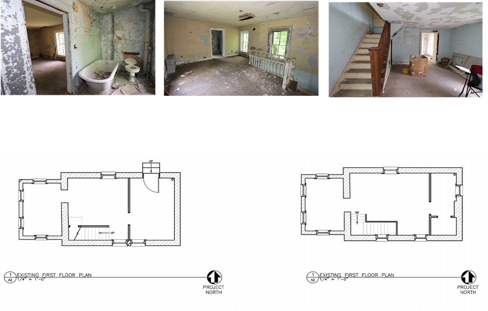 2 line drawings show the inside of the brick house.  Both first and second floors are mostly open concepts with stairs depicted towards the bottom of the drawing. On both drawings a wall is drawn 1/3 of the way through the building on the right.